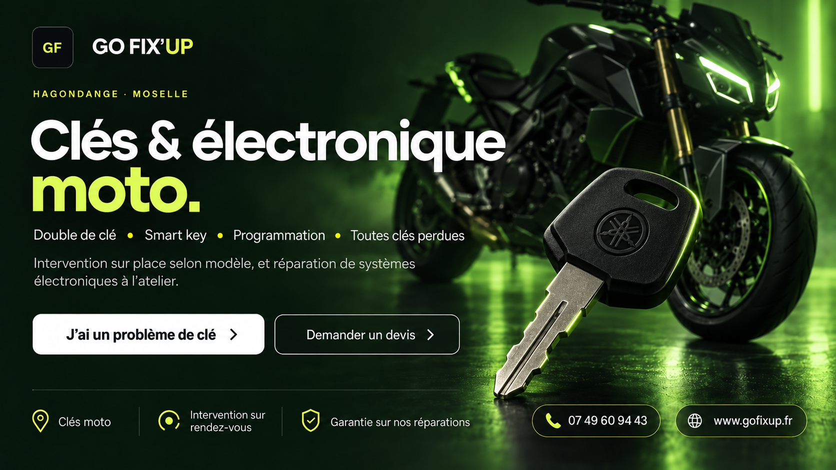 Clé moto et moto dans l’atelier Go Fix’up